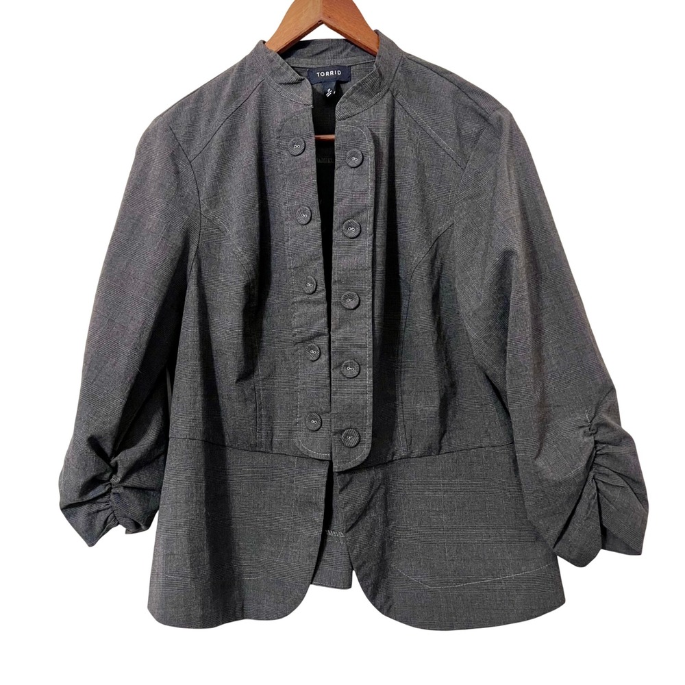 Torrid Womens Gray Plaid Button Front Mandarin‎ Collar Ruched Sleeves Blazer